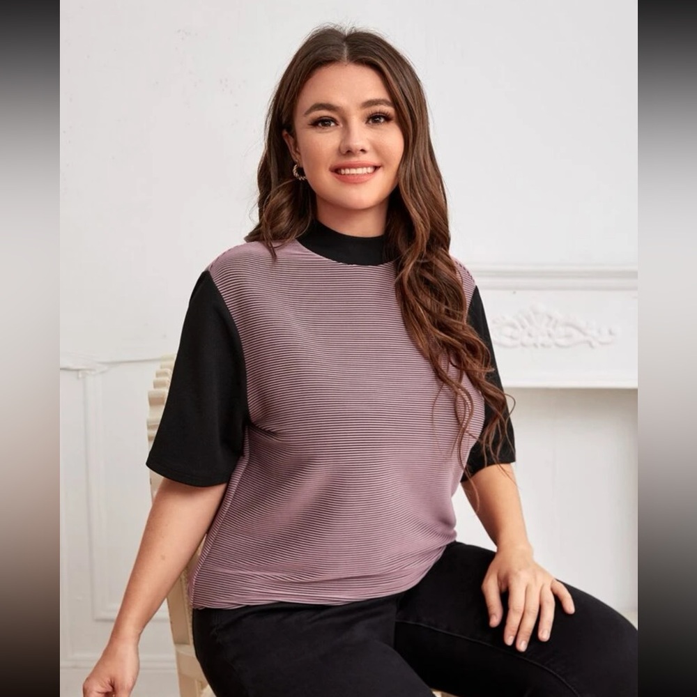 Mock Neck Striped Print Top
